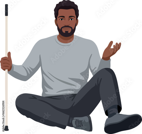 Blind man sitting cross-legged holding white cane in casual clothing vector illustration 