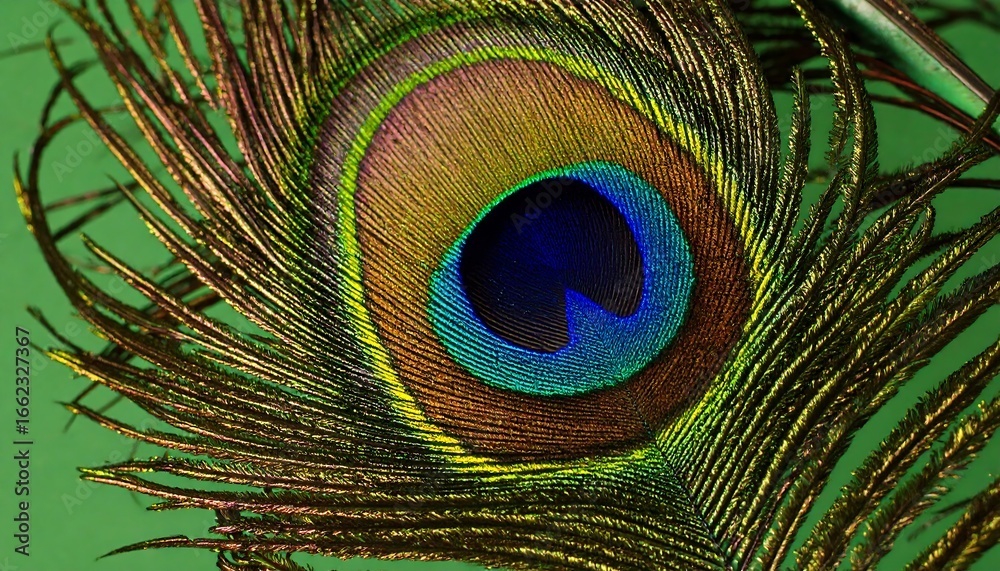 Fototapeta premium Stunning close-up of an iridescent peacock feather, highlighting its intricate patterns and vibrant colors.