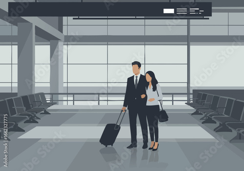 Business travelers waiting at airport lounge with luggage and seats in background 