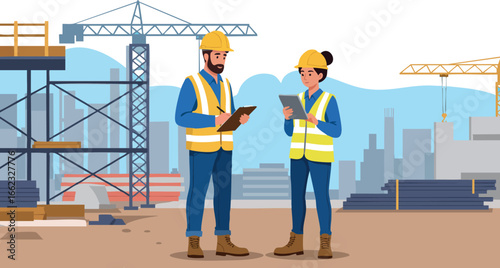 Construction workers discussing project at building site with cranes and scaffolding outdoors vector illustration 