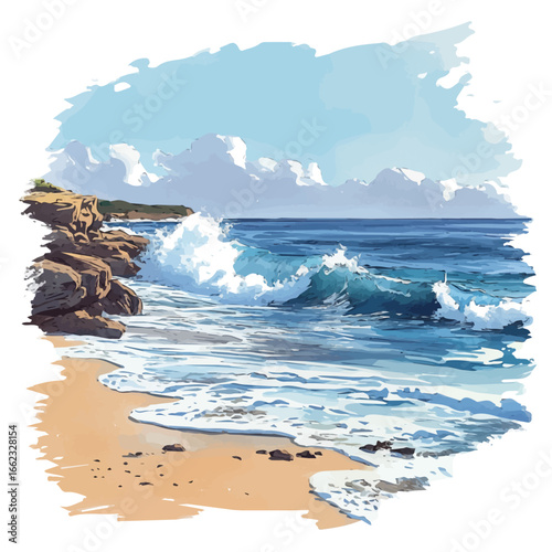 Ocean Waves Crashing Shore, watercolor illustration vector, isolated on a white background.