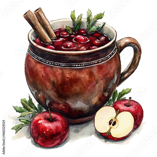 watercolor vector of Mug Of Apple Cider, isolated on a white background.