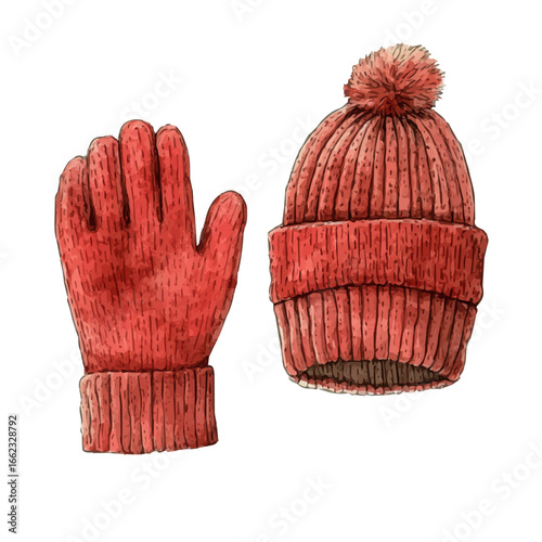watercolor vector of Mittens And Wool Hat, isolated on a white background.