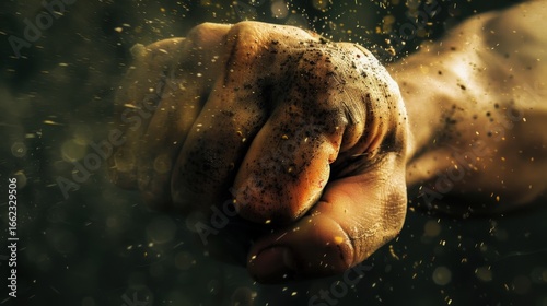 Dirty fist hitting hard with dirt particles exploding everywhere, expressing strength and power