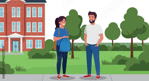 Two young people standing outdoors near urban building with trees and greenery vector illustration 