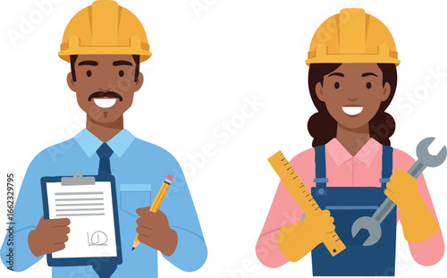 Male and Female Construction Workers Holding Tools and Clipboard Vector Illustration 