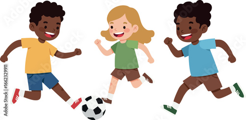 Children playing soccer outdoors with black and white ball running happily together 