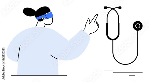 Person wearing VR headset pointing while engaging with virtual stethoscope. Ideal for medical innovation, virtual learning, healthcare, futuristic technology, telemedicine, diagnostics, training