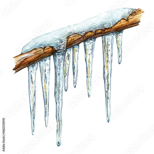 Icicles Hanging Branches, watercolor vector, isolated on a white background.