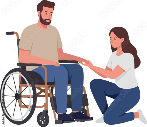 Man in wheelchair receiving support from woman kneeling vector illustration for care and assistance concept 