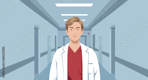 Male doctor standing in hospital corridor wearing white coat and red scrubs vector illustration 