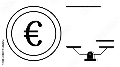 Euro coin and balanced scales signifying monetary value, pricing fairness, justice, equality, market balance, decision-making, and trade-offs in economics. Ideal for finance, law business justice
