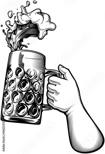 Glass of beer in hand. Beer splashes and foam spill out of the glass. A wave of fresh craft beer. Vector illustration in engraving black line art retro style for beer topic design. Hand-drawn by human