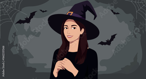 Young Woman Wearing Witch Hat for Halloween Night with Bats and Spider Webs Vector Illustration 