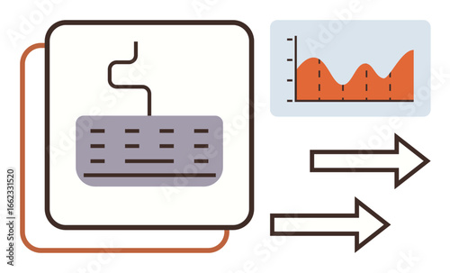 Keyboard connected to graph for data input, output arrows symbolizing data flow. Ideal for technology, data management, analysis, efficiency, process optimization, productivity, simple flat metaphor