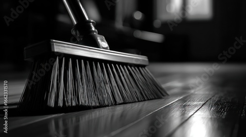 Broom's black bristles lie on shiny floor