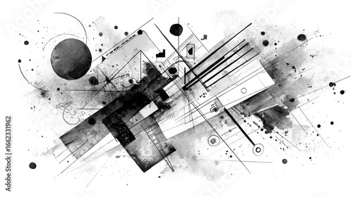 Abstract composition with geometric shapes, lines, and watercolor splatters