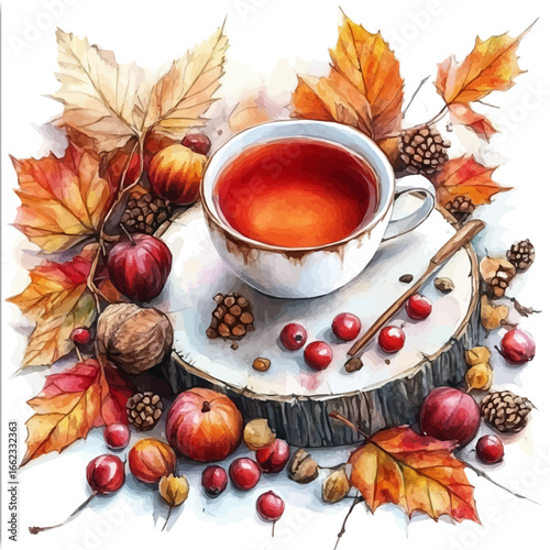 Hot Tea Autumn Cup, watercolor illustration vector, isolated on a white background.