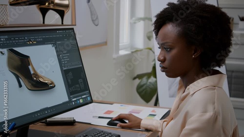 Professional african american woman shoe designer working on new footwear model using computer aided design - cad - software in her modern bright office