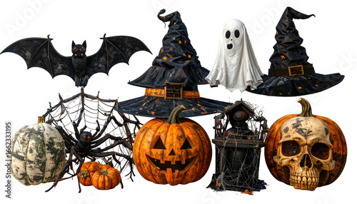 Set of Halloween icons: pumpkin, bat, ghost, spider, witch hat, skull, flat vector style, minimal design
