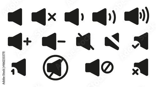 Sound volume icons set with different signal levels. Speaker symbols for increasing and reducing sound. Audio control, mute, and volume vector icons isolated on white.