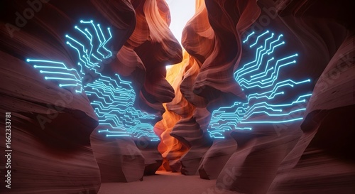 Antelope canyon with circuit board overlays digital landscape technology abstract background design concept
