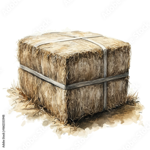 Hay Bale Rustic Farm, watercolor clipart vector, isolated on a white background.