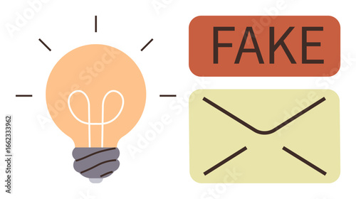 Lightbulb symbolizes awareness next to fake sign above envelope. Ideal for fraud prevention, scam warning, phishing, online security, suspicious activity, message caution, simple flat metaphor