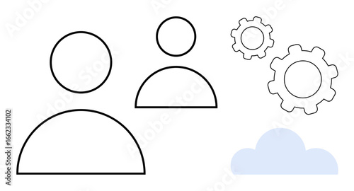 Two user icons, gears symbolizing process or mechanics, and a cloud graphic. Ideal for teamwork, cloud technology, system integration, networking, automation, online services simple landing page