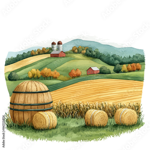 Hayride Through Autumn Farm, watercolor illustration vector, isolated on a white background.