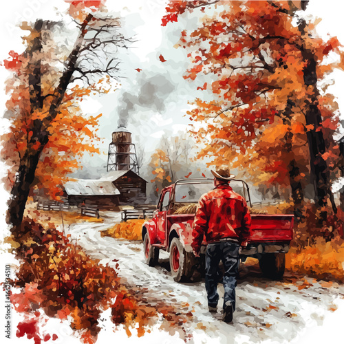 watercolor of Hayride Through Autumn Farm, vector, isolated on a white background.
