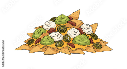 Illustration of a pile of nachos with cheese, guacamole, sour cream, jalapenos and beans topping it all on transparent background