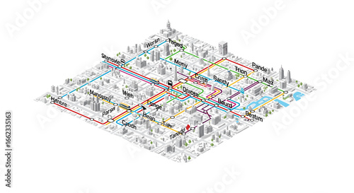 Isometric city map featuring multiple metro lines with station names and building details in a stylized view on transparent background