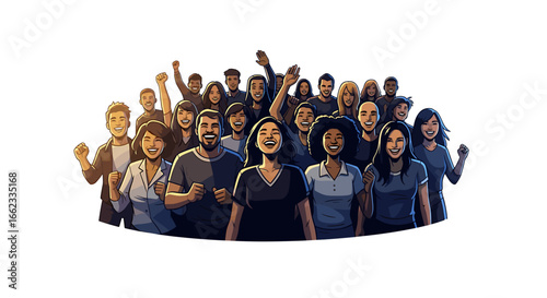 Illustration of a diverse group of people cheering and celebrating with expressions of joy and excitement on transparent background