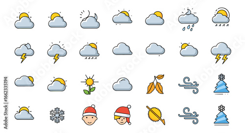 Illustration showing various weather conditions including sun, clouds, rain, wind, and seasonal elements on transparent background