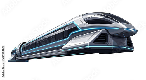 Illustration of a futuristic high speed train with sleek silver design and blue neon accents on a white background on transparent background