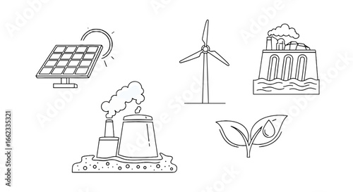 Illustration showing solar panel, wind turbine, hydroelectric dam, factory and plant with water drop icons on transparent background