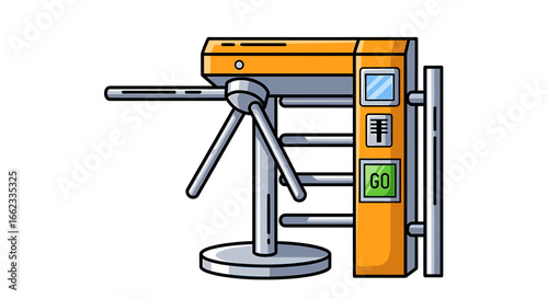 Illustration of a turnstile with a rotating barrier and a control panel displaying a go indicator message on transparent background