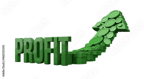 Illustration depicting the word profit in green with an arrow made of coins pointing upwards to the right on transparent background