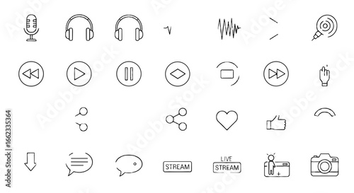 Illustration of microphone headphones play pause rewind forward share like and comment icons and camera icon set on transparent background