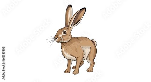 Illustration of a brown hare standing with long ears and detailed fur on a white background looking left on transparent background