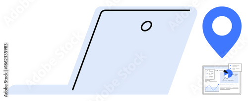 Laptop partially open, blue location marker, and analytics dashboard with pie chart and graph. Ideal for navigation, analytics, technology, business, productivity, workplace and simple landing page