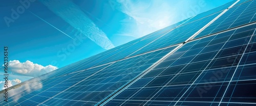 Solar panels under sunny sky; clean energy