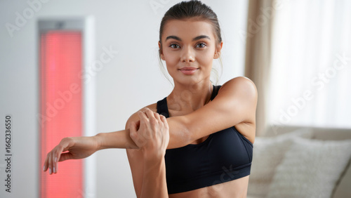 Red light panel in wellness routine, woman stretching at home, fitness recovery session, LED therapy for muscle care, infrared light in personal health practice Free Download Red light panel in wellness routine, woman stretching at home, fitness recovery session, LED therapy for muscle care, infrared light in personal health practice - GFXLoad