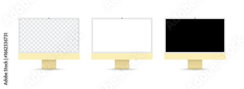 Minimalist yellow computer monitor mockup set with transparent, white, and black screens, perfect for digital product display, branding, and web design presentations.	
