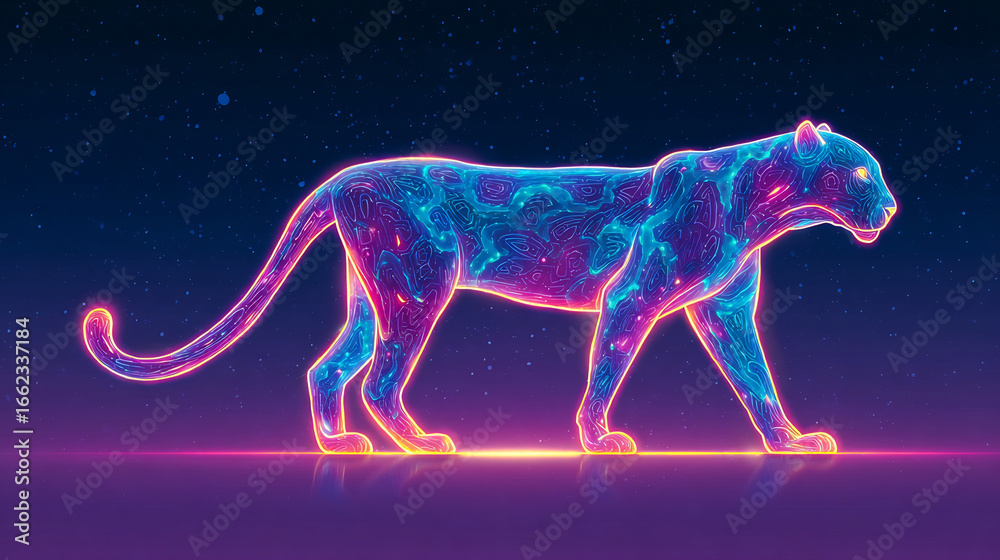 Fototapeta premium glowing panther made of neon fractals