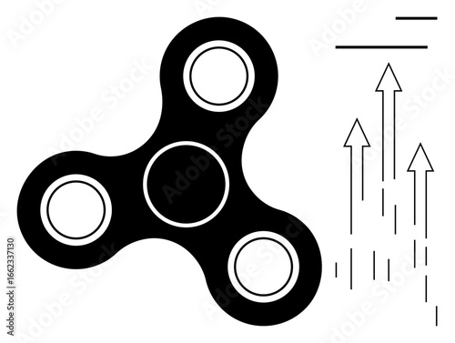 Black fidget spinner with three arms, accompanied by upward-pointing arrows. Ideal for themes of focus, relaxation, play, growth, progress, dynamics and modern simplicity. Bold and simple flat