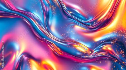Vibrant iridescent liquid metal with flowing holographic waves and sparkling glitter.
