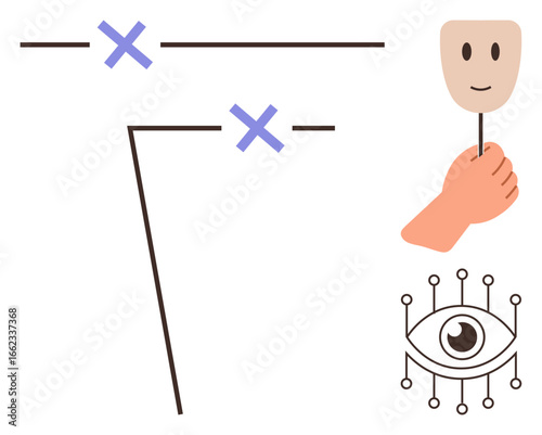 Crossed lines, hand holding a smiling mask, and an eye with electronic circuits explore misdirection, surveillance, and digital identity. Ideal for technology, privacy, ethics, AI deception
