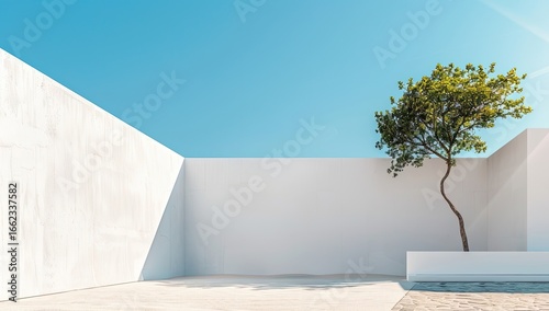 Minimalist courtyard, tree, white walls, sunny day, outdoor design